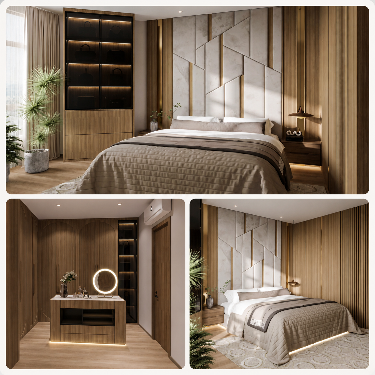Luxury master bedroom interior design featuring custom wood paneling and a geometric feature wall in Johor Bahru