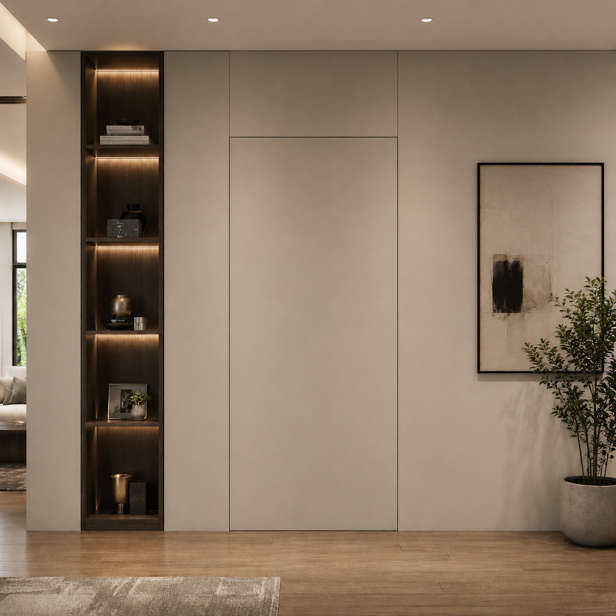 Modern seamless flush hidden door interior integrated with custom illuminated display shelving designed by Tower Tree Renovation in Johor.