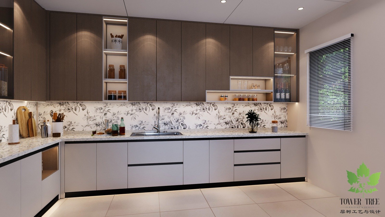 Modern two-tone custom kitchen cabinet featuring integrated LED lighting, open display shelves, floral backsplash, and quartz countertop designed by Tower Tree Renovation in Johor.