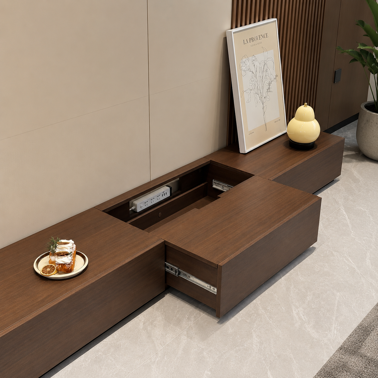 Modern custom wooden TV console featuring a hidden sliding top compartment for power socket management built by Tower Tree Renovation in Johor.