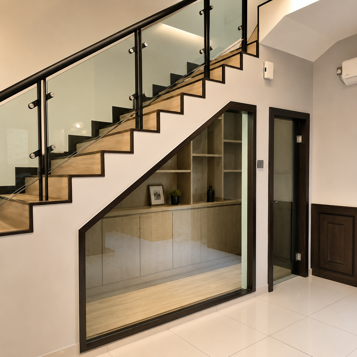 Custom under-stairs glass enclosed storage unit with built-in wooden shelving and ambient lighting crafted by Tower Tree Renovation in Johor.