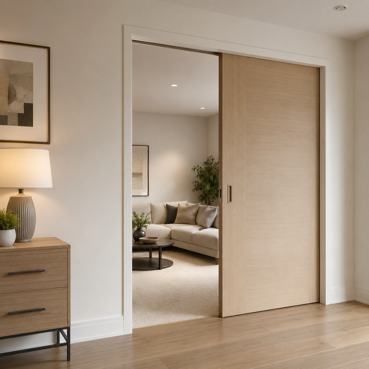 Modern custom wooden sliding pocket door partition creating a seamless interior transition installed by Tower Tree Renovation in Johor.