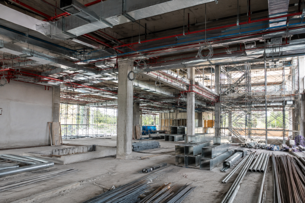 Construction site with civil and MEP works underway