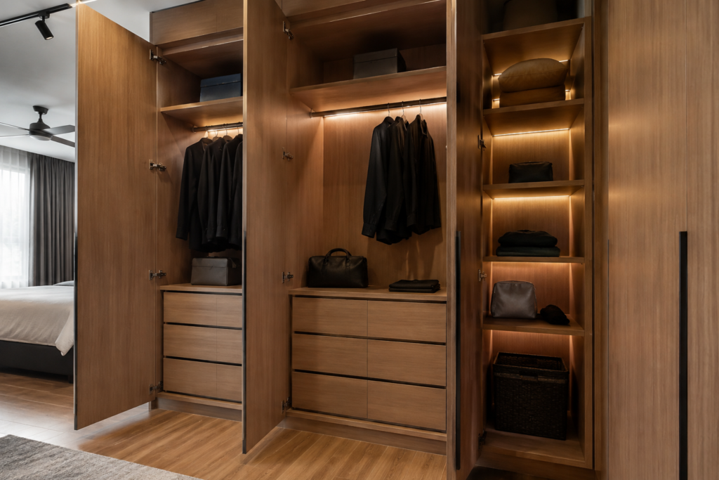 Custom-built wardrobe interior from a carpentry project in Johor