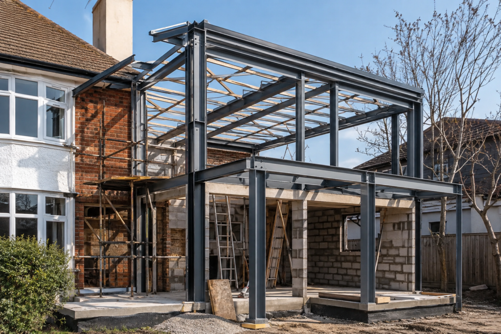 House extension under construction with structural steel framing