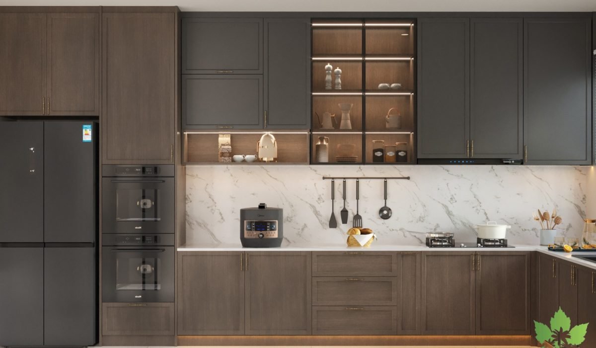 Modern kitchen cabinet carpentry design with integrated appliances and marble backsplash in Puchong.