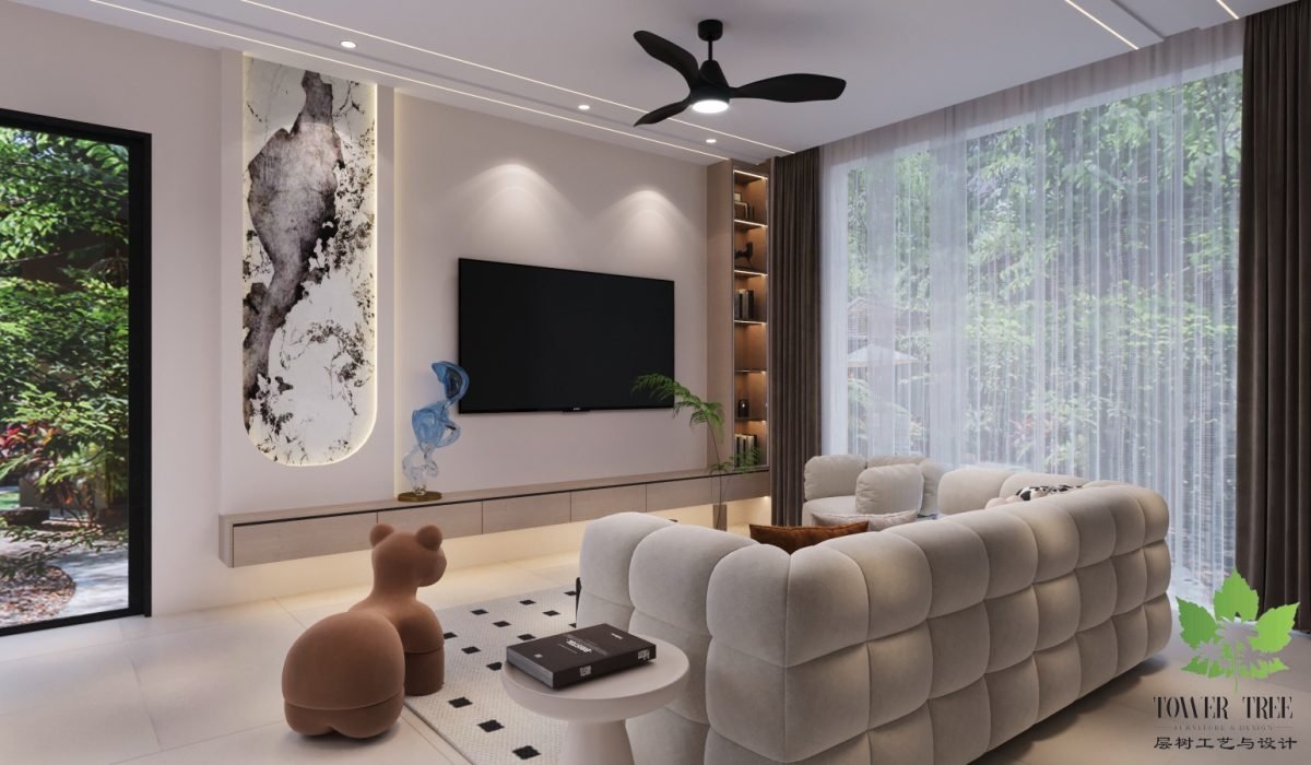 Luxury living room interior design featuring a modern tufted sofa and custom marble TV feature wall in Selangor.