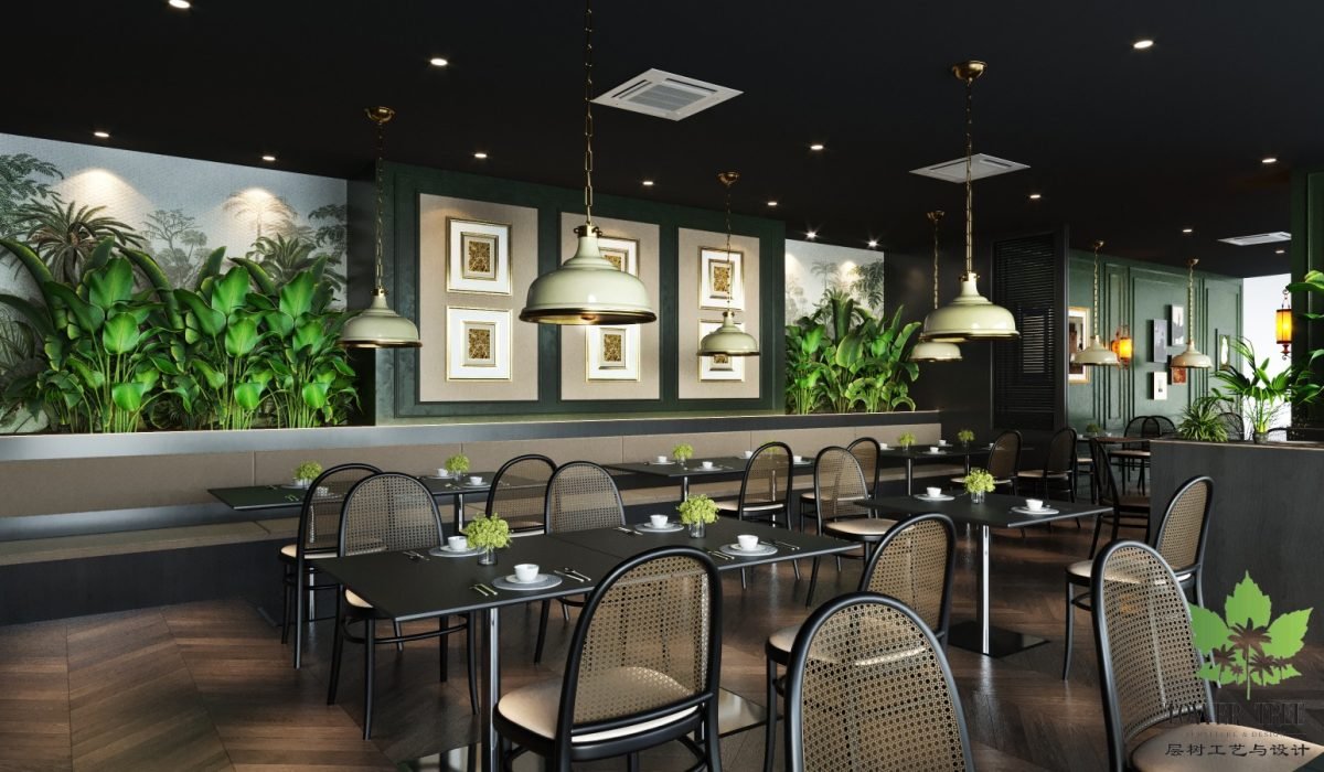 Upscale restaurant interior design and renovation featuring elegant dining furniture and tropical green accents in Johor